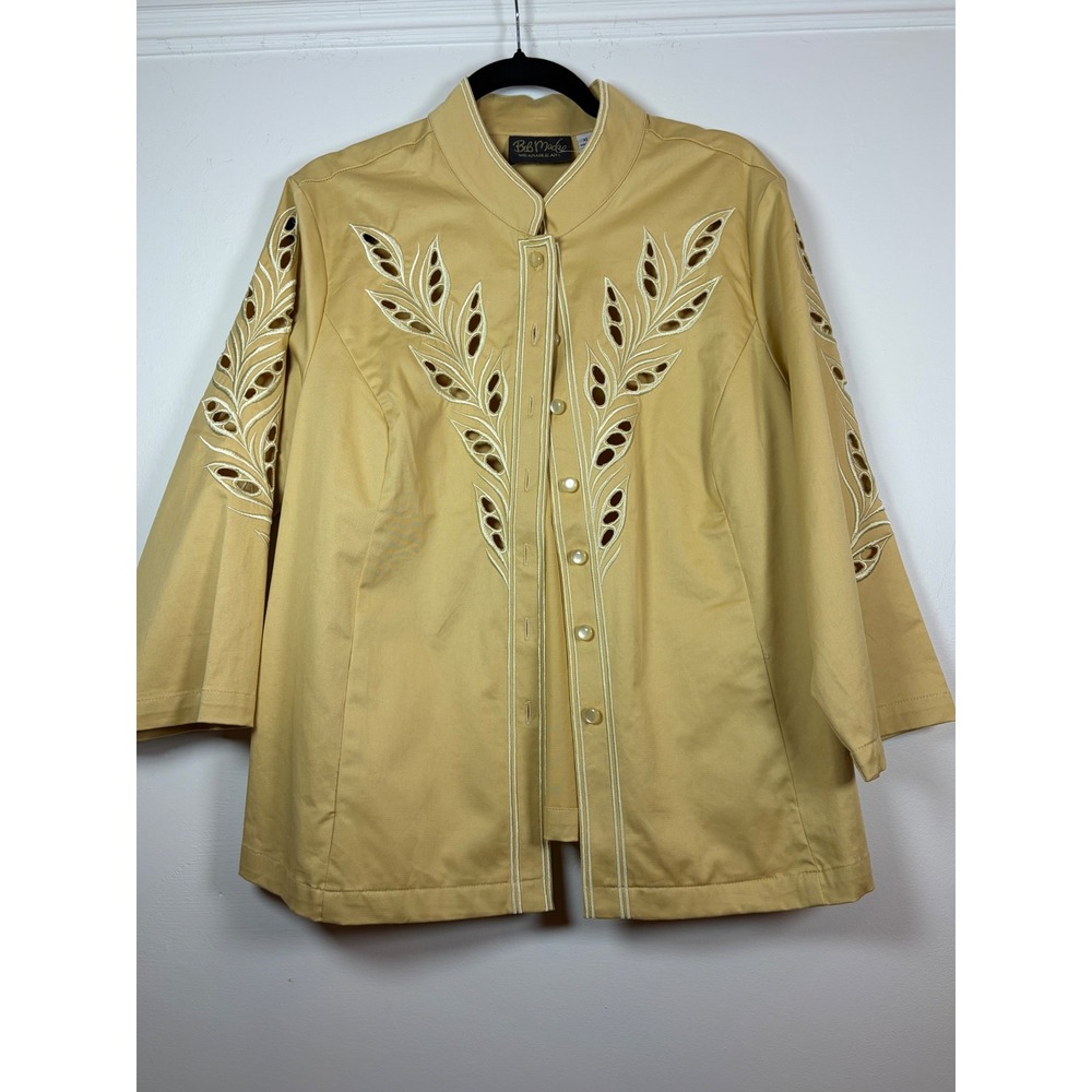 Bob Mackie Wearable Art Butter Yellow Eyelet Embroidered Jacket XL Cotton Blend